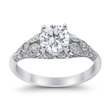 Vintage Style Engagement Ring Round Simulated Cubic Zirconia 925 Sterling Silver